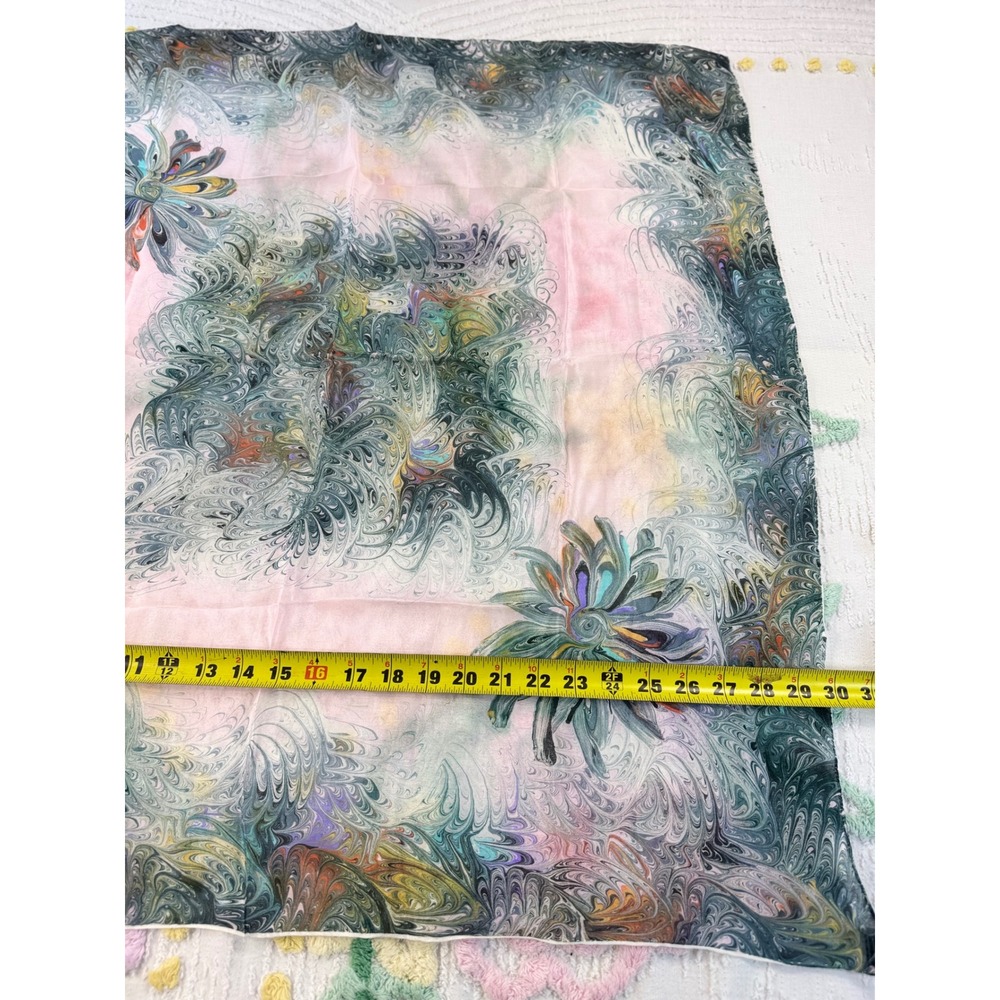 Vintage 100% Silk Scarf Hand Rolled Made in Japan Pink Green Marbled Print 31x31 - Picture 5 of 10
